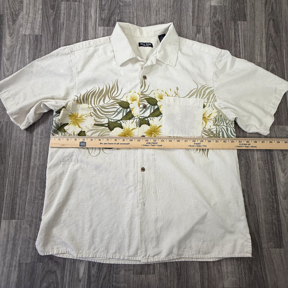 Silk Icon 100% Silk Hawaiian Shirt Large Cream Yellow Floral Aloha Camp Button - Picture 5 of 6